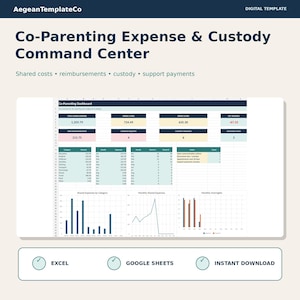 Peut inclure: Un modèle numérique de centre de commande pour les dépenses et la garde des enfants, compatible avec Excel et Google Sheets. Le tableau de bord présente des tableaux de données pour les coûts partagés, les remboursements et le suivi de la garde.