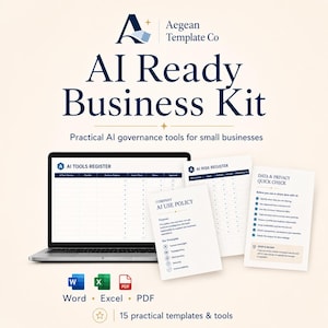 Può includere: Un kit aziendale pronto per l'IA di Aegean Template Co con un computer portatile che mostra un registro degli strumenti IA, insieme a documenti stampati intitolati politica di utilizzo IA, registro dei rischi IA e controllo rapido dati.