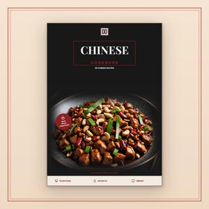 May include: A black cookbook cover titled CHINESE COOKBOOK 20 CHINESE RECIPES with a central image of a stir-fry dish featuring cubed meat, cashews, red chili peppers, and green scallions on a dark plate. A red circular badge reads WOK SPICE TRADITION.