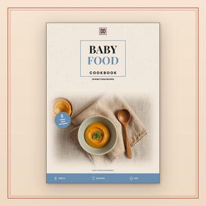 May include: A cookbook titled BABY FOOD COOKBOOK with the subtitle 20 BABY FOOD RECIPES. The cover features a bowl of orange puree, a wooden spoon, and a beige cloth. Text includes FRESH SAFE NUTRIENT, FIRST FOODS DONE RIGHT, GENTLE, NUTRIENT, and SAFE.