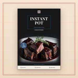 Può includere: Un libro di cucina intitolato Instant Pot Cookbook con 20 Instant Pot Recipes sulla copertina. La copertina presenta una fotografia di pezzi di manzo cotti con una salsa scura e un rametto di erbe. Il testo include Fast Tender Brilliant, Delicious, Nutritious, Made Simple.
