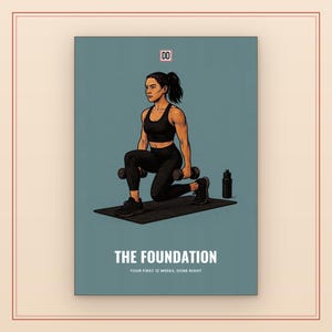 Puede incluir: Una ilustración digital sobre fondo azul que muestra a una persona con ropa deportiva negra haciendo una zancada con mancuernas sobre una esterilla. El texto dice DD, THE FOUNDATION y YOUR FIRST 12 WEEKS, DONE RIGHT. Hay una botella de agua negra.