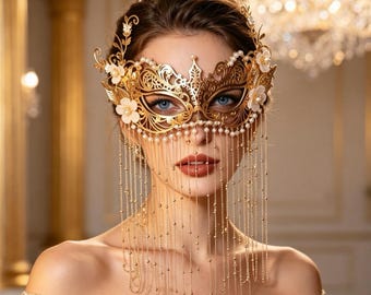 Gold Floral Pearl Tassel Mask  Venetian Masquerade Mask for Carnival  Halloween Wedding Photoshoot Fairy Themed Party and Photo Prop
