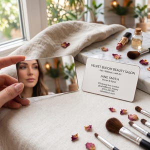 May include: A rectangular business card for Velvet Bloom Beauty Salon featuring the text: Velvet Bloom Beauty Salon, Hair | Makeup | Lash Art, Jane Smith, Owner & Stylist, 123 Beauty Ave, London, @velvetbloom_beauty, 07123 456 789, velvetbloom.com.