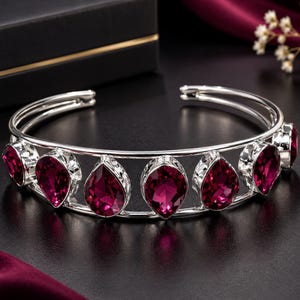 Handmade Sterling Silver Pear Ruby Cuff Bracelet, Boho Statement Jewelry