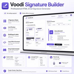 Op de afbeelding: Een laptopscherm met de interface van de Voodi Signature Builder, een professionele HTML-e-mailhandtekeninggenerator. Het scherm toont opties voor handtekeningstijlen, een live voorbeeld en diverse aanpassingsinstellingen.