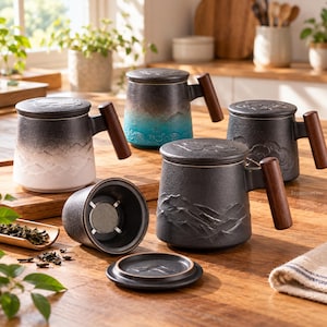 Handmade Japanese Ceramic Tea Mug with Infuser Wooden Handle Loose Leaf Strainer Lid Cup Traditional Asian Drinkware Wabi Sabi Teaware