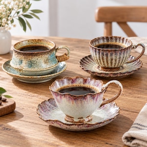 May include: Three ceramic tea cups and saucers with distinct glazes. One cup features a blue and brown speckled finish with a wrapped handle. The other two cups have fluted edges, one in brown and one in a purple and cream gradient glaze.