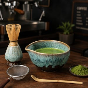 以下が含まれることがあります： 青と茶色の釉薬が施された抹茶碗に入った緑茶、竹製の茶筅と茶筅立て、木製の柄が付いた金属製の茶漉し、竹製の茶杓、そして緑色の抹茶パウダーがのった小皿。