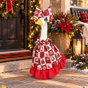 Christmas Goose Outfit, Porch Goose Dress with Big Bow, Garden Goose Statue Clothes, Holiday Lawn Goose Costume