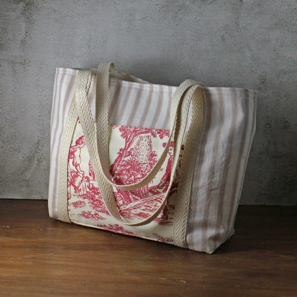 Cabas en tissu recyclé vintage - Toile de Jouy beige et toile de Jouy rouge