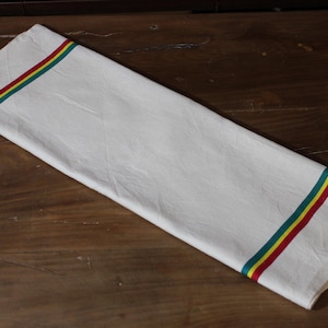 Vintage French Linen Tea Towel: Red, Green, Yellow Striped Torchon