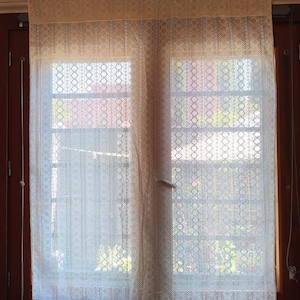Vintage Lace Curtain Panel - White Window Drapery with Geometric Pattern – Retro Home Decor