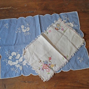 2 Vintage handmade embroidered linen rectangular doilies - placemates or table center tablecloths