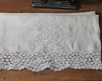 Bed Pillowcase - French Antique Flax Linen Bolster Case with bobbin Lace Edge,  Handmade - It is just a piece of the pillow 1800s Rare Find