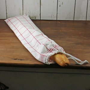 Linen Bread Baguette Bag: Upcycled French Tea Towel, Red Stripes