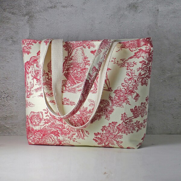 Tote Bag en toile vintage neuf - Tote bag en toile cramoisi et crème - Tote bag Toile de Jouy rouge en tissu upcyclé