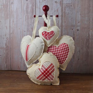 Primitive Fabric Heart Farmhouse linen heart decor Red hearts antique fabrics - Primitive Ornie Ornament - Valentine&#39;s Day - Upcycled fabric
