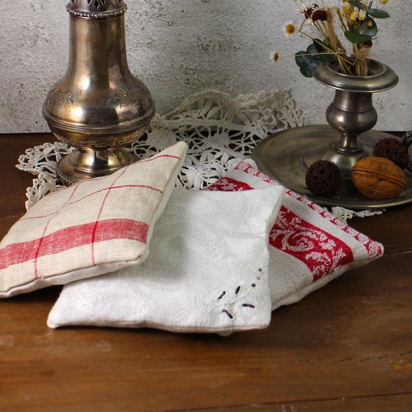 Lavender sachets - Set of 3 Antique fabrics: tea towel, tablecloth, grain sack - bowl fillers - Fresh French Lavender fragrant