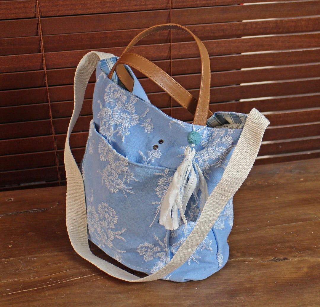 Bolso tote reversible de tela vintage: cuadros vichy azules y