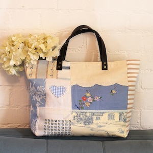Tote Bag Handmade from Vintage Fabrics -Recycled Patchwork Market Bag Rustic Cottagecore Blue Floral Eco-Friendly Bag One-of-a-Kind Eco Gift