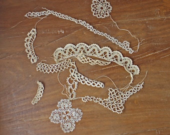 Antique Tatted Lace - Lot of 11 Vintage Handmade Tatted Lace - Craft Dolls Costumes - Cream beige Tatted