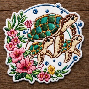 Sea Turtle Embroidered Iron On Patch, Tropical Floral Turtle Patch, Ocean Marine Life Applique, Beach Lover Jacket Patch Gift