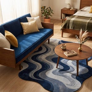 Handmade Irregular Area Rug, Organic Wave Tufted Carpet, Modern Living Room Floor Mat, Blue & Grey Abstract Rug, Custom Shape Decor