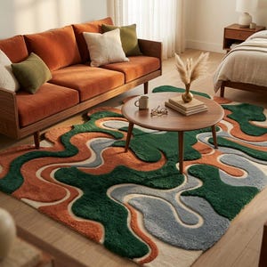 Handmade Irregular Area Rug, Organic Wave Tufted Carpet, Modern Living Room Floor Mat, Forest Green & Rust Rug, Custom Shape Decor