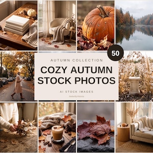 May include: A collection of 50 cozy autumn stock photos featuring seasonal imagery including pumpkins, fall foliage, warm beverages, cozy interiors, and outdoor landscapes with the text Autumn Collection Cozy Autumn Stock Photos AI Stock Images.