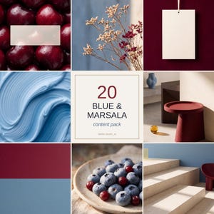 May include: A collage featuring dark red cherries, dried flowers, a blank rectangular tag, blue paint swirls, text reading 20 BLUE & MARSALA content pack, a red pedestal, a split color block, blueberries on a plate, and stone steps.
