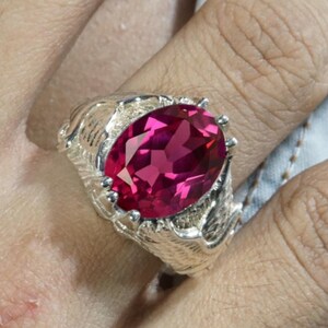 Men's Sterling Silver Dragon Scale Ring, Oval Red Gemstone, Gothic Statement Band