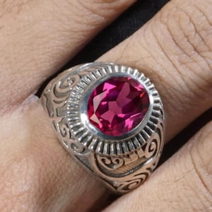 Men's Sterling Silver Oval Ruby Sunburst Ring, Vintage Scrollwork Band