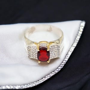 May include: A silver ring featuring a central oval-cut deep red gemstone held by gold-toned prongs. The band is accented with rows of small clear stones on both sides of the centre setting, creating a wide, structured design with metallic contrast.