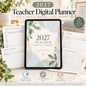 Può includere: Un'agenda digitale per insegnanti 2027 visualizzata sullo schermo di un tablet con uno stilo. L'agenda presenta illustrazioni di foglie ad acquerello, navigazione a schede e pagine per la pianificazione settimanale e le presenze.