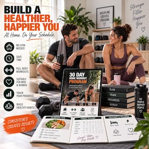 Könnte beinhalten: Ein 30-Tage-Heimtrainingsprogramm als digitales Produkt mit einem Tablet, das einen Fitnessleitfaden, einen wöchentlichen Tracker und Ernährungstipps anzeigt. Das Display enthält Text wie Build a Healthier, Happier You, Plan, Train, Progress, Repeat und Fit People, Happier People.
