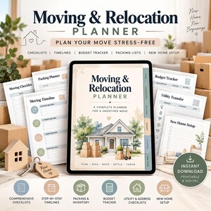 May include: A digital Moving & Relocation Planner displayed on a tablet, surrounded by printed planning pages, a wooden house model, and a key tag labeled New Home. The planner features checklists, timelines, budget trackers, and packing lists.