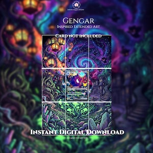 Puede incluir: Una descarga digital de arte extendido inspirado en Gengar con una escena de bosque cósmico en violeta y azul, linternas brillantes, setas y una carta coleccionable central. El texto dice GENGAR INSPIRED EXTENDED ART, CARD NOT INCLUDED, INSTANT DIGITAL DOWNLOAD, A4 AND US LETTER.