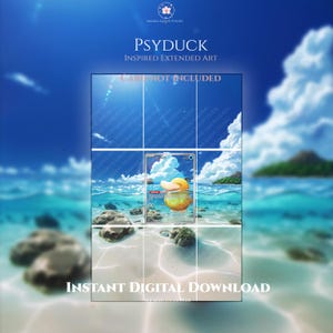 Könnte beinhalten: Ein digitaler Druck mit von Psyduck inspirierter erweiterter Kunst mit einer tropischen Strandszene. Das Bild zeigt ein gelbes Wesen in klarem blauem Wasser mit weißen Wolken und Felsen. Der Text umfasst PSYDUCK, CARD NOT INCLUDED und INSTANT DIGITAL DOWNLOAD.