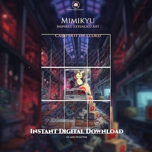 May include: A digital download featuring Mimikyu inspired extended art. The image displays a central trading card illustration set within a dark, industrial factory environment with red lighting, cardboard boxes marked with the letter R, and machinery.