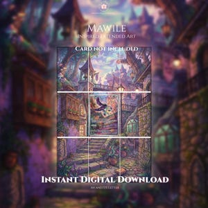 May include: A digital download featuring Mawile inspired extended art. The image displays a fantasy town scene with stone stairs, buildings, and lanterns. Text includes MAWILE INSPIRED EXTENDED ART, CARD NOT INCLUDED, INSTANT DIGITAL DOWNLOAD, A4 AND US LETTER.