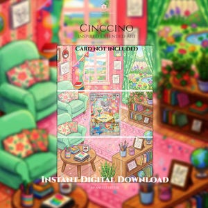 Op de afbeelding: Een digitale kunstdruk met een gezellige kamer met groene fauteuils, een houten salontafel en boekenplanken. De tekst luidt CINCCINO INSPIRED EXTENDED ART, CARD NOT INCLUDED en INSTANT DIGITAL DOWNLOAD. Een kaart staat in het midden.