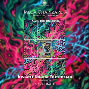 May include: Mega Charizard X inspired extended art digital download featuring a central trading card surrounded by vibrant, swirling patterns of neon pink, teal, and black flames. Text includes MEGA CHARIZARD X, CARD NOT INCLUDED, and INSTANT DIGITAL DOWNLOAD.