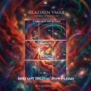 以下が含まれることがあります： Blaziken VMAXにインスパイアされた拡張アートデザインのデジタルアートプリント。中央の画像は、渦巻く赤、青、オレンジ色の宇宙の星雲の背景に囲まれたトレーディングカードを示しています。テキストには、Blaziken VMAX、Card Not Included、Instant Digital Download、A4 and US Letter、AI Generatedが含まれています。