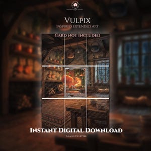 May include: A digital download featuring Vulpix inspired extended art. The image displays a Vulpix character within a rustic kitchen setting, with text stating VULPIX, INSPIRED EXTENDED ART, CARD NOT INCLUDED, and INSTANT DIGITAL DOWNLOAD, A4 AND US LETTER.