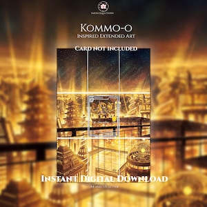 Könnte beinhalten: Ein digitaler Kunstdruck mit einer von Kommo-o inspirierten erweiterten Illustration einer goldenen Stadtlandschaft mit Pagoden und einer zentralen Sammelkarte. Der Text lautet Sakura Sleeve Studio, Kommo-o Inspired Extended Art, Card Not Included, Instant Digital Download.