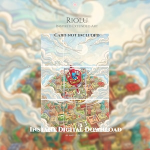 May include: A digital art print featuring Riolu Inspired Extended Art with a central trading card image over a city landscape. Text reads: RIOLU INSPIRED EXTENDED ART, CARD NOT INCLUDED, INSTANT DIGITAL DOWNLOAD, A4 AND US LETTER.
