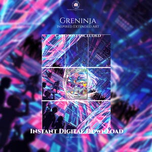 May include: A digital art print featuring a Greninja inspired extended art design with vibrant blue and pink neon lighting effects, silhouettes of a crowd, and the text Sakura Sleeve Studio, Greninja Inspired Extended Art, Card Not Included, Instant Digital Download, A4 and US Letter.