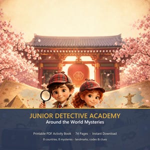 Puede incluir: Una portada de libro de actividades digital titulada Junior Detective Academy Around the World Mysteries con dos niños de dibujos animados con sombreros de detective, uno con una lupa, frente a un templo japonés y cerezos en flor.