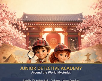May include: A digital activity book cover titled Junior Detective Academy Around the World Mysteries featuring two cartoon children in detective hats, one holding a magnifying glass, set against a Japanese temple and cherry blossoms.